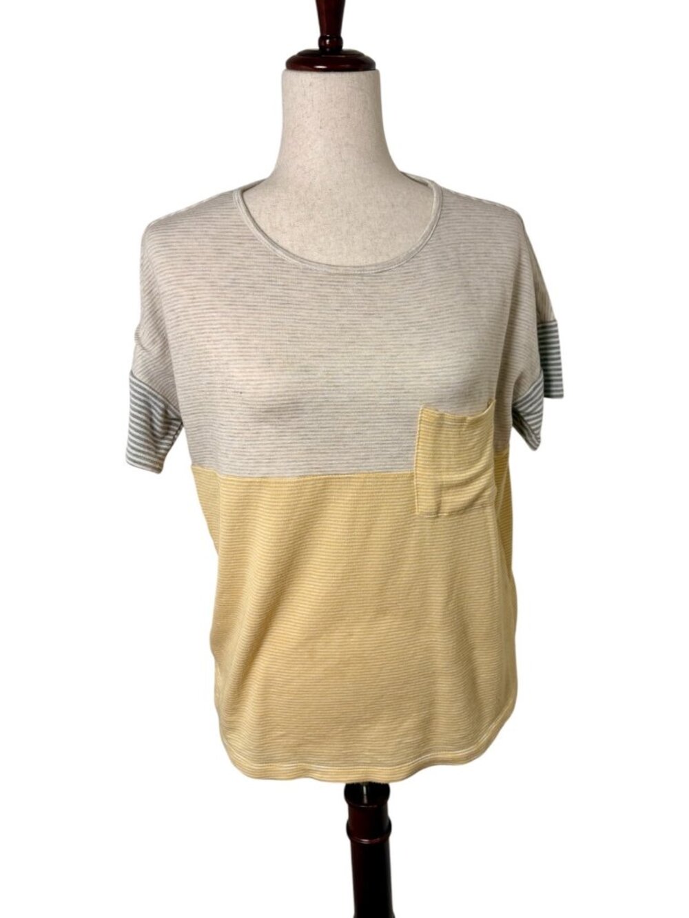 Pink Clover White Yellow Colorblock Striped Pocket Tee Casual Medium